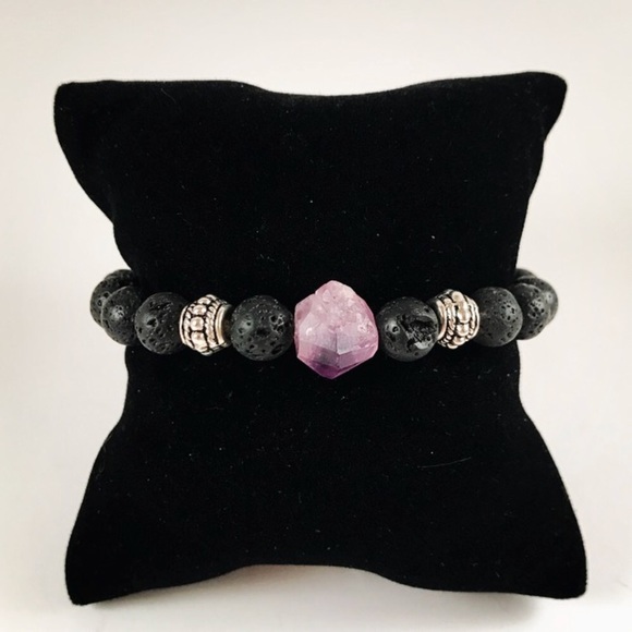 Genuine raw Amethyst cluster lava rock bracelet - Picture 3 of 8